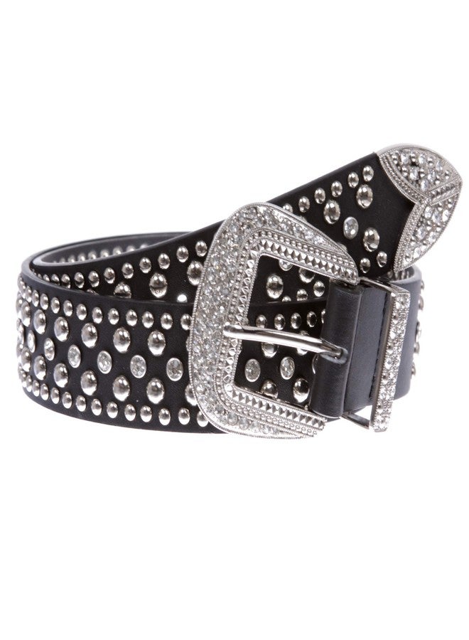 Beltiscool Western Rhinestone & Studded Leather Belt, Black | 1x-42" (39"-41" waist) - Image 1
